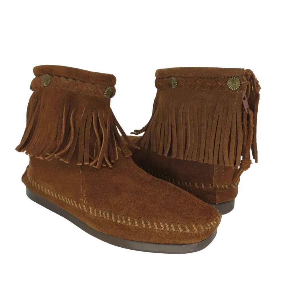 MINNETONKA Women's Brown Suede Ankle Boot Moccasins Size 6 Fringe Studs